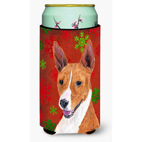 Basenji Red and Green Snowflakes Holiday Christmas  Tall Boy Beverage Insulator Beverage Insulator Hugger