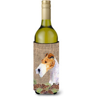Fox Terrier on Faux Burlap with Pine Cones Wine Bottle Beverage Insulator Beverage Insulator Hugger