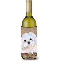 Maltese on Faux Burlap with Pine Cones Wine Bottle Beverage Insulator Beverage Insulator Hugger SS4073LITERK