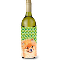 Pomeranian St. Patrick's Day Shamrock Portrait Wine Bottle Beverage Insulator Beverage Insulator Hugger