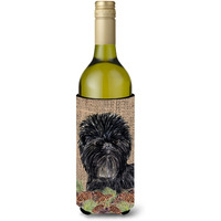 Affenpinscher on Faux Burlap with Pine Cones Wine Bottle Beverage Insulator Beverage Insulator Hugger