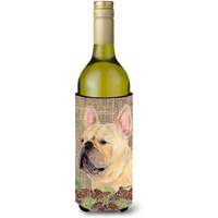 French Bulldog on Faux Burlap with Pine Cones Wine Bottle Beverage Insulator Beverage Insulator Hugger