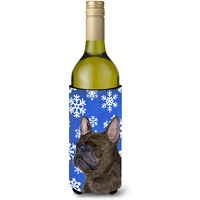 French Bulldog Winter Snowflakes Holiday Wine Bottle Beverage Insulator Beverage Insulator Hugger SS4657LITERK