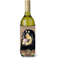 Tibetan Mastiff on Faux Burlap with Pine Cones Wine Bottle Beverage Insulator Beverage Insulator Hugger