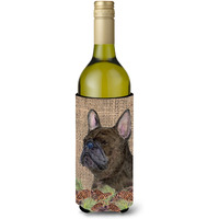 French Bulldog on Faux Burlap with Pine Cones Wine Bottle Beverage Insulator Beverage Insulator Hugger