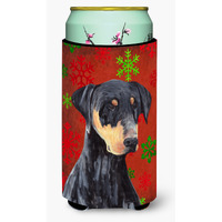 Doberman Red and Green Snowflakes Holiday Christmas  Tall Boy Beverage Insulator Beverage Insulator Hugger