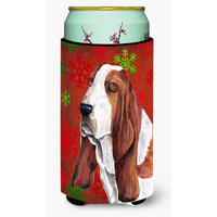 Basset Hound Red and Green Snowflakes Holiday Christmas  Tall Boy Beverage Insulator Beverage Insulator Hugger
