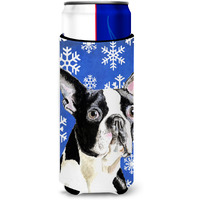 Boston Terrier Winter Snowflakes Holiday Ultra Beverage Insulators for slim cans SC9360MUK
