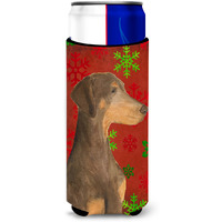 Doberman Red and Green Snowflakes Holiday Christmas Ultra Beverage Insulators for slim cans SS4686MUK