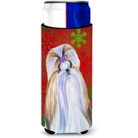 Shih Tzu Red and Green Snowflakes Holiday Christmas Ultra Beverage Insulators for slim cans SS4672MUK