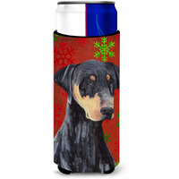 Doberman Red and Green Snowflakes Holiday Christmas Ultra Beverage Insulators for slim cans SC9417MUK