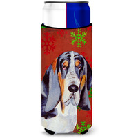Basset Hound Red and Green Snowflakes Holiday Christmas Ultra Beverage Insulators for slim cans LH9327MUK