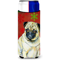 Pug Red and Green Snowflakes Holiday Christmas Ultra Beverage Insulators for slim cans LH9342MUK