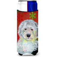Old English Sheepdog Red  Green Snowflakes Holiday Christmas Ultra Beverage Insulators for slim cans LH9351MUK