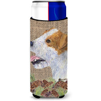 Jack Russell Terrier on Faux Burlap with Pine Cones Ultra Beverage Insulators for slim cans SS4093MUK