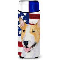 USA American Flag with Bull Terrier Ultra Beverage Insulators for slim cans SS4023MUK
