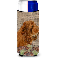 Sussex Spaniel on Faux Burlap with Pine Cones Ultra Beverage Insulators for slim cans SS4099MUK