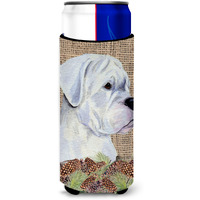 White Boxer on Faux Burlap with Pine Cones Ultra Beverage Insulators for slim cans SS4098MUK