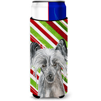 Chinese Crested Candy Cane Christmas Ultra Beverage Insulators for slim cans