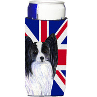 Papillon with English Union Jack British Flag Ultra Beverage Insulators for slim cans SS4947MUK