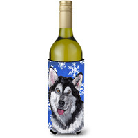 Alaskan Malamute Winter Snowflakes Holiday Wine Bottle Beverage Insulator Hugger SC9491LITERK