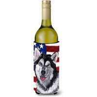 Alaskan Malamute USA Patriotic American Flag Wine Bottle Beverage Insulator Hugger SC9497LITERK