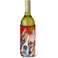 Staffordshire Bull Terrier Staffie Red Snowflakes Holiday Wine Bottle Beverage Insulator Hugger SC9752LITERK