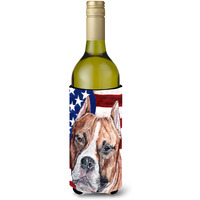 Staffordshire Bull Terrier Staffie with American Flag USA Wine Bottle Beverage Insulator Hugger SC9632LITERK