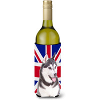 Alaskan Malamute with English Union Jack British Flag Wine Bottle Beverage Insulator Hugger KJ1161LITERK