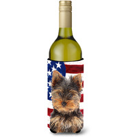 USA American Flag with Yorkie Puppy / Yorkshire Terrier Wine Bottle Beverage Insulator Hugger KJ1160LITERK