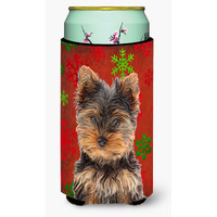 Red Snowflakes Holiday Christmas Yorkie Puppy / Yorkshire Terrier Tall Boy Beverage Insulator Hugger KJ1188TBC