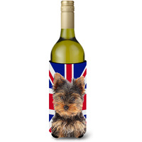 Yorkie Puppy / Yorkshire Terrier with English Union Jack British Flag Wine Bottle Beverage Insulator Hugger KJ1167LITERK