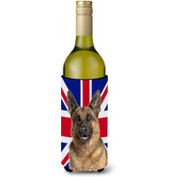 German Shepherd with English Union Jack British Flag Wine Bottle Beverage Insulator Hugger KJ1166LITERK
