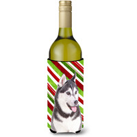 Candy Cane Holiday Christmas Alaskan Malamute Wine Bottle Beverage Insulator Hugger KJ1168LITERK