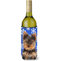 Winter Snowflakes Holiday Yorkie Puppy / Yorkshire Terrier Wine Bottle Beverage Insulator Hugger KJ1181LITERK
