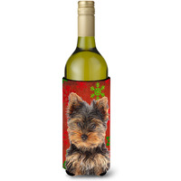 Red Snowflakes Holiday Christmas Yorkie Puppy / Yorkshire Terrier Wine Bottle Beverage Insulator Hugger KJ1188LITERK