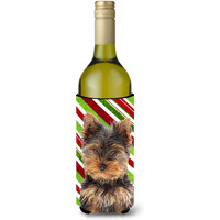 Candy Cane Holiday Christmas Yorkie Puppy / Yorkshire Terrier Wine Bottle Beverage Insulator Hugger KJ1174LITERK