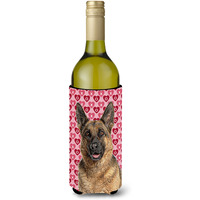 Hearts Love and Valentine's Day German Shepherd Wine Bottle Beverage Insulator Hugger KJ1194LITERK