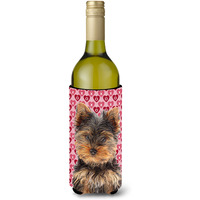 Hearts Love and Valentine's Day Yorkie Puppy / Yorkshire Terrier Wine Bottle Beverage Insulator Hugger KJ1195LITERK