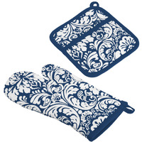DII Nautical Blue Damask Oven Mitt & Potholder Set