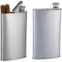 Cigar Case and Drinking Flask Combo - Stainless Steel Finish - Holds 2 Cigars and 4 oz. - Tested Leakproof - Gift Boxed and Engraved/Personalized