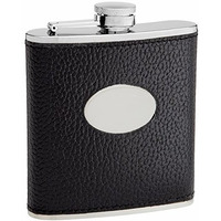 Textured Cow Hide Leather Hip Flask Holding 6 oz - Pocket Size, Stainless Steel, Rustproof, Screw-On Cap - Black Finish Perfect for Engraving