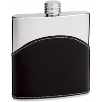 Genuine Leather Hip Flask Holding 6 oz - Pocket Size, Stainless Steel, Rustproof, Screw-On Cap - Black Finish Perfect for Engraving