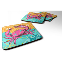 "Caroline's Treasures Pink Coastal Crab Foam Coaster Set of 4, 3.5x3.5"