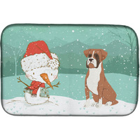 "Caroline's Treasures Fawn Boxer and Snowman Christmas Dish Drying Mat, 14 x 21"