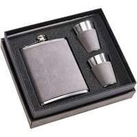 Leatherette Box/8 Oz Flask/2 Cups Grey
