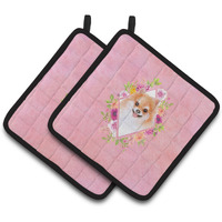 "Caroline's Treasures CK4169PTHD Pomeranian #1 Pink Flowers Pair of Pot Holders potholders, Multicolor"