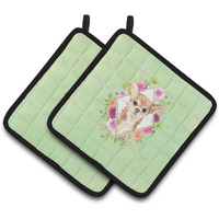 "Caroline's Treasures CK4405PTHD Chihuahua Green Flowers Pair of Pot Holders potholders, Multicolor"