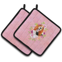 "Caroline's Treasures CK4116PTHD Basset Hound Pink Flowers Pair of Pot Holders potholders, Multicolor 2 Count"