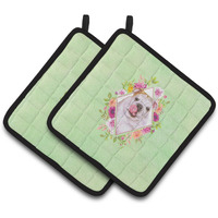 "Caroline's Treasures CK4300PTHD English Bulldog Green Flowers Pair of Pot Holders potholders, Multicolor"